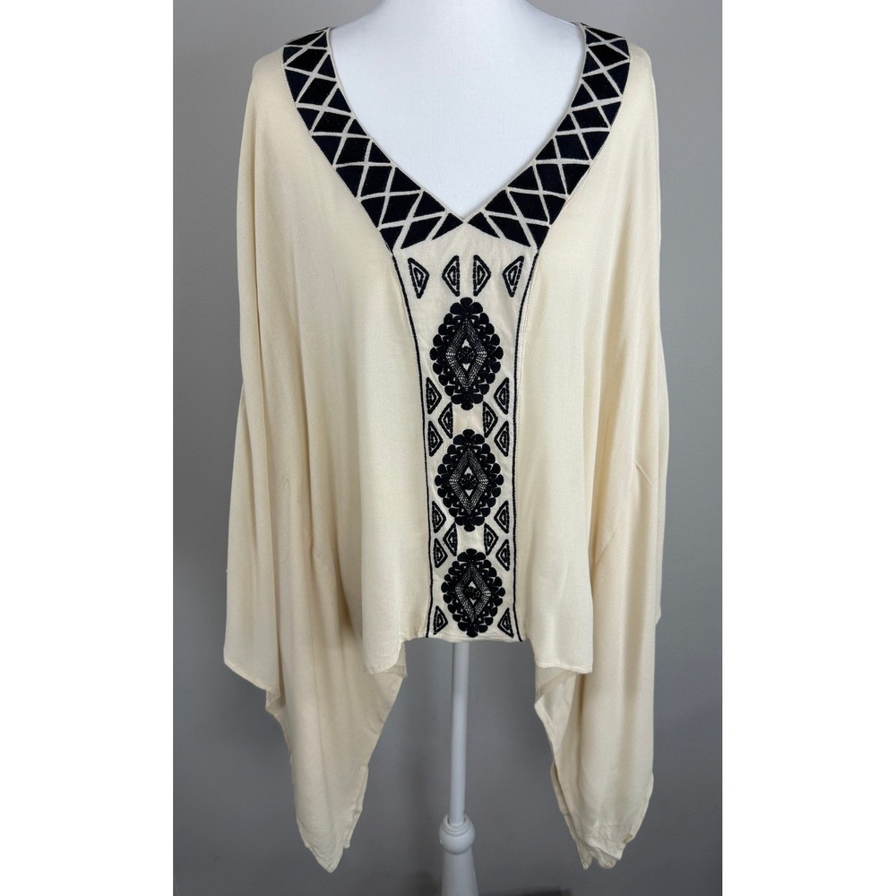 Boho Poncho Blouse Womens S Cream Black Embroidered Folk Festival Resortwear